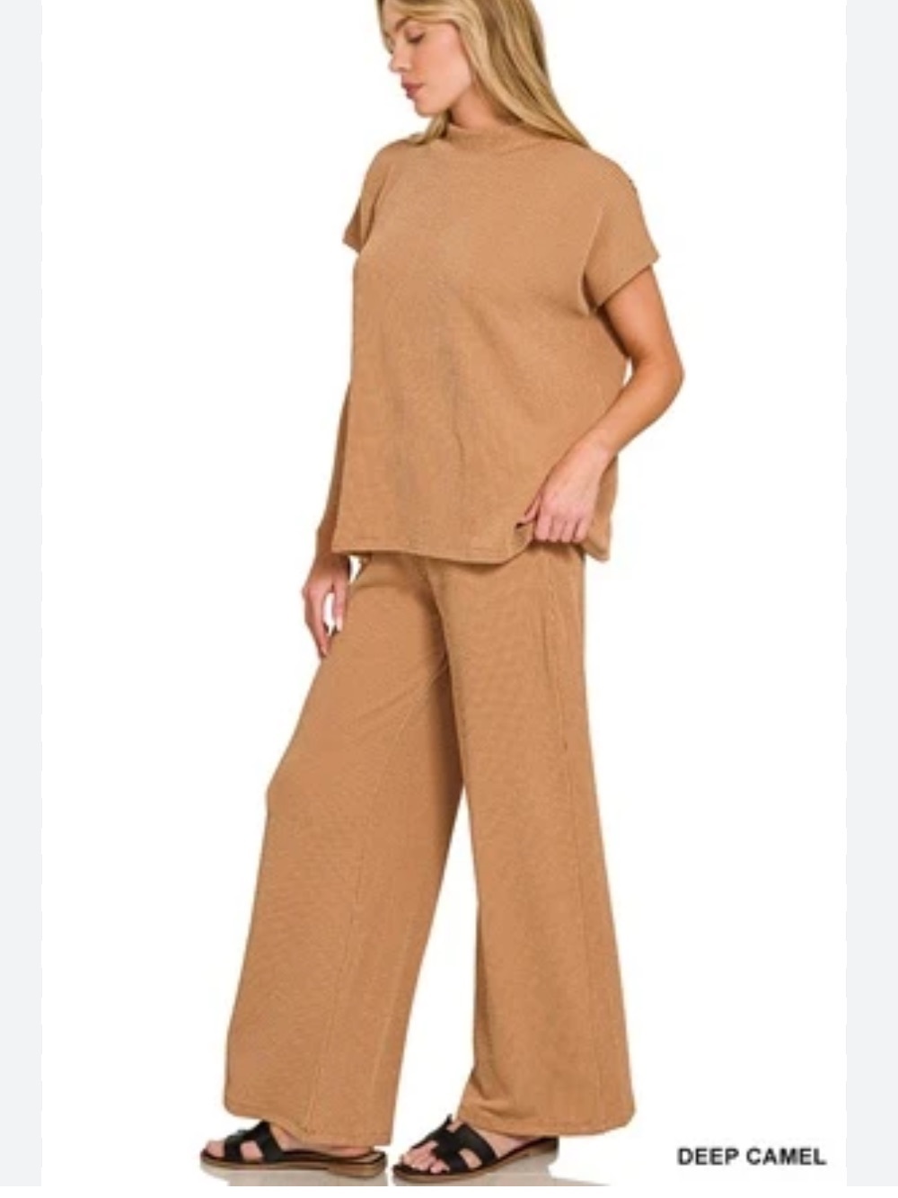Zenana Outfitters Deep Camel Wide-Leg Waffle-Knit Pull On Pants